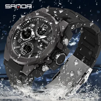 SANDA Лидирующий бренд Мужские спортивные часы с двойным дисплеем Цифровые светодиодные Электронные кварцевые наручные часы Водонепроницаемые Военные часы для плавания