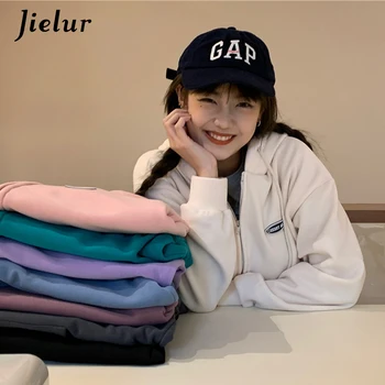 Jielur 8 Однотонных базовых женских толстовок с капюшоном, Бархатные толстовки на молнии, модные винтажные карманы, уличная одежда S-L