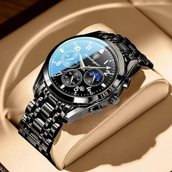 Мужские военные часы со стальным ремешком POEDAGAR, лидирующий бренд, деловые водонепроницаемые светящиеся наручные часы с секундомером для мужчин, часы с фазой Луны