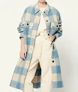 Женский винтажный шерстяной тренч в синюю клетку, длинный воротник рубашки, нагрудные карманы, длинные рукава, модные пальто