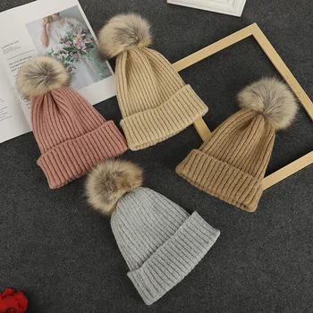 Толстые теплые зимние вязаные шапки для женщин и девочек, шапка с большим помпоном, Однотонная полосатая шапка-бини, лыжные шапки для улицы