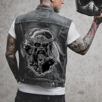 Мужские мотоциклетные байкерские джинсовые жилеты Жилет с принтом Рога Дьявола, приталенная модная куртка без рукавов в стиле панк-рок