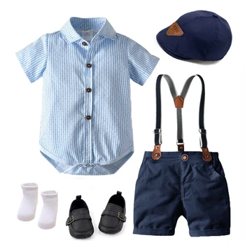 Комплекты одежды для маленьких мальчиков, одежда для новорожденных, комбинезон с коротким рукавом + Шорты + Шляпа + обувь, 5 шт., Летняя детская одежда Bebes