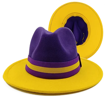 Низкая цена оптом Фетровые шляпы Мужские и женские джазовые шляпы Желтого фиолетового цвета, новые фетровые шляпы с галстуком, осенние классические шляпы сомбреро