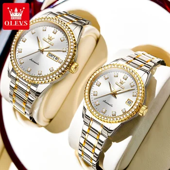 Автоматические часы OLEVS для пары, роскошные наручные часы с бриллиантами, золотые часы из нержавеющей стали, набор его и ее часов с механическим автоподзаводом