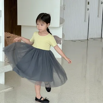 Детская одежда для девочек, платье в стиле пэчворк в стиле ретро, лето 2023, новое Детское модное газовое платье Корейской принцессы, милое повседневное платье для девочек