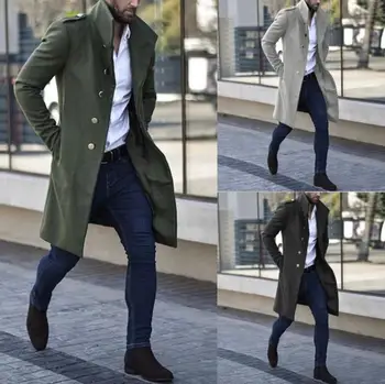 Европейское осенне-зимнее мужское шерстяное пальто со стоячим воротником, украшенное металлической пряжкой, с карманом средней длины, повседневное пальто