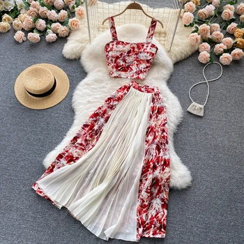 Комплект женского платья Летняя мода Цветочный принт Плиссированные Длинные юбки на бретелях Короткие топы Костюмы из двух частей Пляжное платье для отпуска SR595