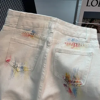 Свободные Белые джинсы С принтом Для женской Уличной одежды, Карманы на пуговицах В Молодежном стиле, Широкие брюки На молнии, Креативный Прямой вырез