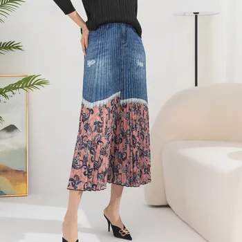 Юбка длиной до половины в стиле пэчворк джинсового цвета, новинка лета 2023, Контрастный принт, эластичный пояс, элегантная юбка-качель в стиле ретро большого размера