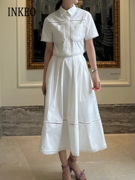 Белая блузка в корейском стиле с коротким рукавом И карманами, укороченный топ с высокой талией, плиссированная юбка в стиле пэчворк 2023, Новый шикарный комплект из 2 предметов INKEO 3T120