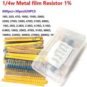 600шт 1/4 Вт Пакеты металлических пленочных резисторов Точность 1% 30 видов обычных прямых штекеров пятицветные пакеты кольцевых резисторов 30valueX20