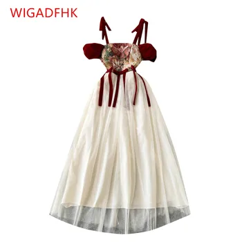 Высококачественное легкое роскошное ретро-платье на подтяжках с квадратным вырезом и вышивкой 2023, Летняя женская длинная юбка в сеточку, элегантное вечернее платье