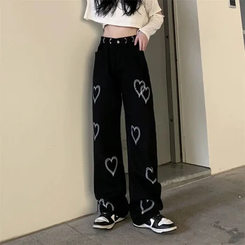 Джинсы с принтом Love, женские брюки, модные Harajuku, высокая талия, свободные брюки с прямыми штанинами, повседневные женские брюки в стиле хип-хоп, одежда Y2k