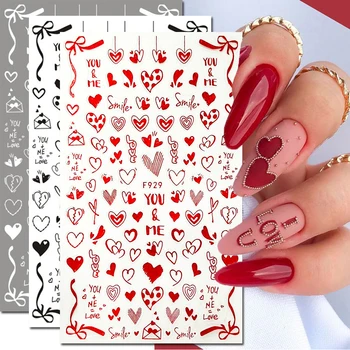Наклейки для дизайна ногтей, красные, черные, Белые, Любовные письма, сердечки, Клей на День Святого Валентина, наклейки для ногтей, украшение для кончиков ногтей, Красота