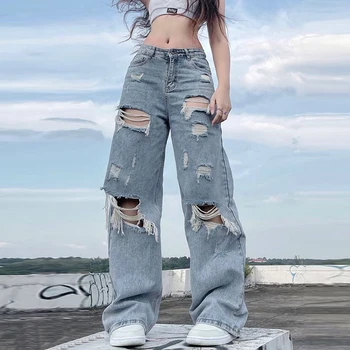 Zoki 4Xl, прямые джинсовые брюки оверсайз с высокой талией, женские модные рваные Свободные джинсовые брюки Y2K, Летняя универсальная уличная одежда