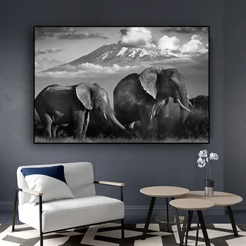 Черно-белый пейзаж с диким слоном, холст, плакаты и принты, Скандинавский Куадрос, настенная живопись для гостиной
