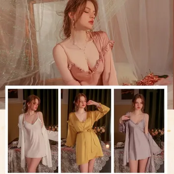 Сексуальные пижамы, Ночные рубашки, Халат, французский атласный халат, Однотонные подтяжки для милых девочек, Ночные рубашки, повседневная женская домашняя гостиная