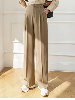 Новые прямые брюки с высокой талией на весну-лето, эластичные брюки для поездок на работу, широкие брюки для женщин