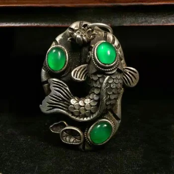 Китайское 3-цветное тибетское серебро, инкрустированное натуральными драгоценными камнями, серебряное ожерелье, придворный кулон, подвеска