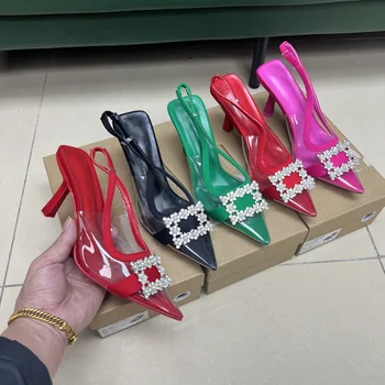 Женские Босоножки на высоком каблуке, Брендовая Дизайнерская обувь для новобрачных с прозрачной жемчужной пряжкой, Женские Роскошные туфли на шпильке с бриллиантами