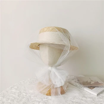 Милая пляжная шляпка от солнца для маленьких девочек в корейском стиле, цилиндр из пшеничной соломы, сетчатый чехол, сочетается с вечерним платьем, одеждой для вечеринок, модными аксессуарами