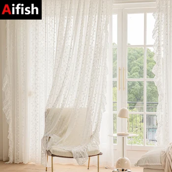 Белая прозрачная тюлевая занавеска с вышитыми цветами для комнаты девочек, французские Романтические шторы с рюшами, фильтрующие свет, шторы для гостиной