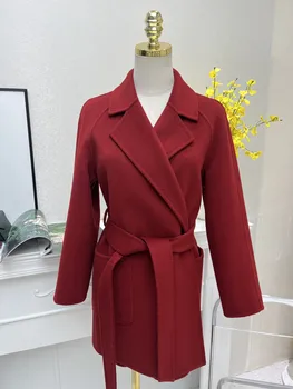 Высококачественные Новые смеси кашемира, женское винтажное однотонное классическое пальто, Элегантная шикарная дизайнерская верхняя одежда для подиума на шнуровке, роскошная теплая верхняя одежда