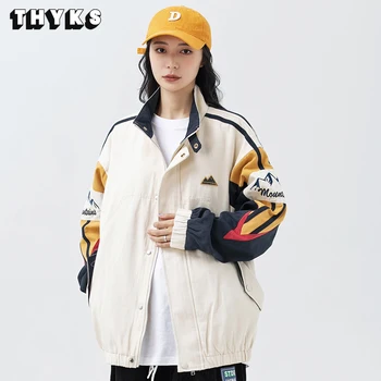 Новое американское пальто с воротником-стойкой, мужская осенняя яркая бейсбольная куртка Harajuku, унисекс, свободная бейсбольная форма в стиле пэчворк, уличная одежда