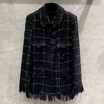 Новое высококачественное дизайнерское войлочное шерстяное пальто женский клетчатый топ средней длины