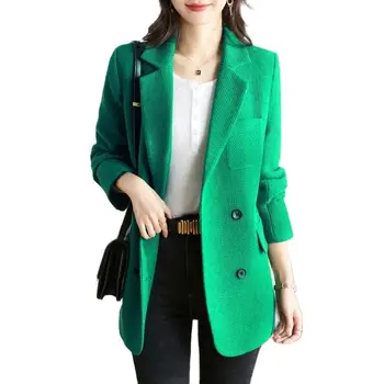 Зеленый пиджак Для женщин, Весна и осень 2023, Новый темперамент, Высококлассный дизайн, Чувство ниши, Модное тонкое свободное шерстяное пальто для женщин