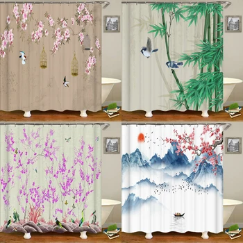 Китайские птицы, градиентные занавески для душа для ванной, Сороки и растения, зеленая водонепроницаемая ткань, полиэстер, декор для ванны, 180 x 180 см