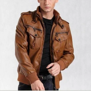 Мужская приталенная коричневая байкерская куртка-бомбер из 100% натуральной КОЖИ