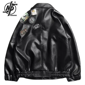 Куртка из искусственной кожи Мужская зимняя флисовая Мотоциклетная нашивка с вышивкой, Высококачественные кожаные пальто с отложным воротником, мужская куртка-бомбер