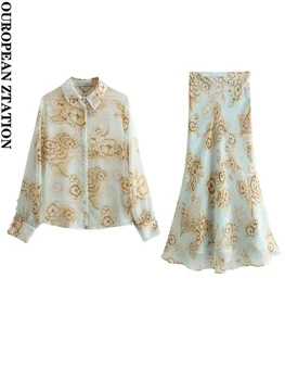 Женская полупрозрачная рубашка с цветочным принтом 2023 года или юбка миди с высокой талией и боковой молнией, комплекты из двух предметов, mujer