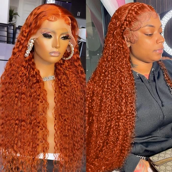 Оранжевый Имбирный 13x4 Прозрачный Свободный Парик с глубокими волнами, парик с Т-образной частью, Бразильский Парик Remy, Вьющиеся парики из человеческих волос для женщин