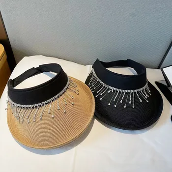 Летняя соломенная шляпа в стиле панк для женщин, уличная Солнцезащитная кепка с защитой от ультрафиолета, Хрустальная цепочка, шляпа с бантом и козырьком, Летняя дорожная Пляжная солнцезащитная кепка для девочек