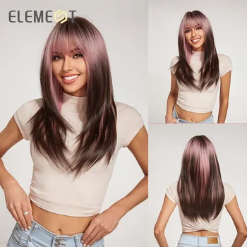 Элемент Синтетические прямые натуральные омбре средней длины Розовые парики смешанного темного цвета с челкой, термостойкие парики для вечеринок для женщин