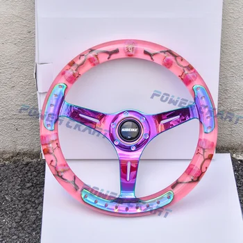 Универсальное 14-дюймовое акриловое рулевое колесо с розовым цветком JDM Racing Sport, рулевое колесо с хромированными спицами, рулевое колесо для гоночного спортивного автомобиля, Рулевое управление
