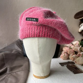 Новый стиль, осенне-зимние женские шапки-береты, вязаные женские береты из кроличьей шерсти, зимняя теплая шапка