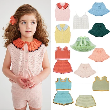 Комплекты одежды для девочек, Новый летний детский Тонкий вязаный жилет без рукавов ярких цветов, шорты, детская юбка-пачка из двух частей в сеточку