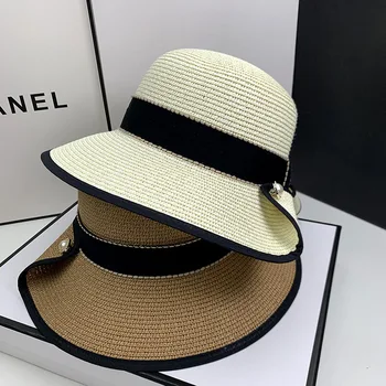 2023 Женская Корейская соломенная шляпа с жемчужным солнцезащитным кремом, модная универсальная пляжная шляпа с большими полями, открытый солнцезащитный козырек, кепка-ведро Gorras Para Mujer