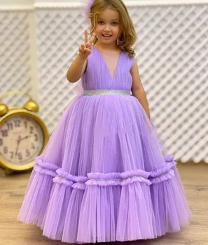Лавандовые платья для девочек из тюля с V-образным вырезом, платье принцессы для первого причастия, бальное платье, детское платье для дня рождения, платье для выпускного вечера