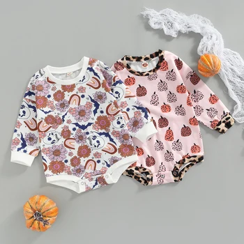 Модная одежда для новорожденных девочек на Хэллоуин, осенние толстовки с длинными рукавами с цветочным принтом Черепа / тыквы, комбинезоны для малышек