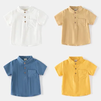 Блузка для маленьких мальчиков, футболка для малышей с короткими рукавами, Детские однотонные рубашки с карманом, Летняя детская хлопковая одежда 2023 года, повседневная