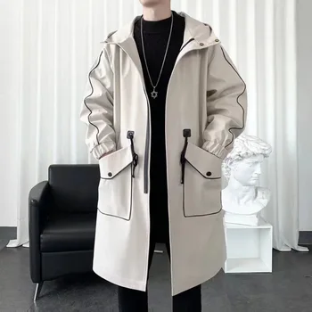 Ветровка мужская зимняя средней длины, длинное пальто с капюшоном до колен, осенне-зимняя корейская версия, Мужское пальто-накидка свободного кроя