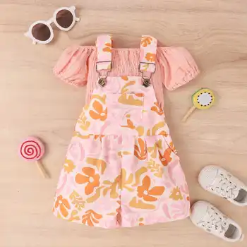 Комплект одежды из двух предметов для малышей и девочек, летний плиссированный топ с открытыми плечами, короткий комбинезон с цветочным принтом, комплект одежды