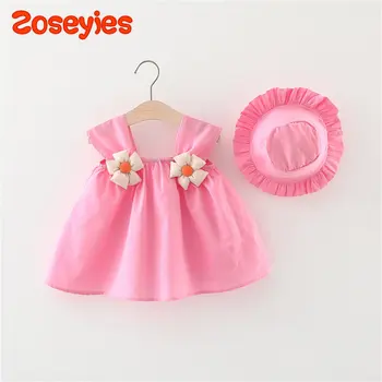 Летнее платье для маленьких девочек, однотонное платье-слинг в мелкий цветочек, повседневное платье со шляпой