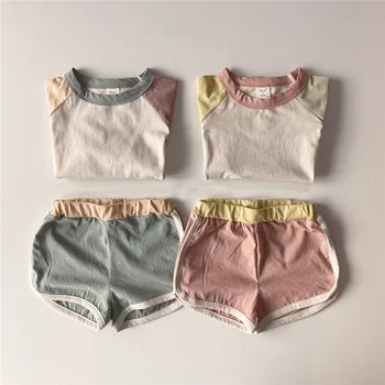 Детская одежда, наряды для девочек 2023, Корейские Летние Футболки в стиле пэчворк с коротким рукавом + шорты, костюмы, одежда для отдыха, комплекты одежды для маленьких мальчиков