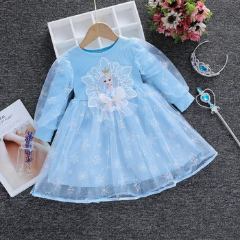 Платье принцессы Диснея замороженной Эльзы с длинным рукавом, весна-осень, сетчатые вязаные платья в стиле пэчворк для дня рождения, детская одежда от 2 до 11 лет